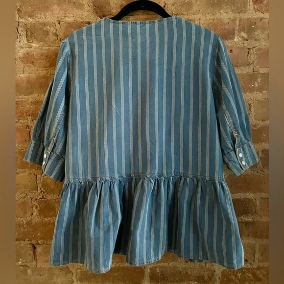 GANNI Striped Denim Peplum Tie Blouse - EU 40 - US 8/10 - Picture 4 of 6